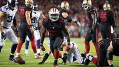 Carlos Hyde, corredor de San Francisco, celebra durante el 49ers-Vikings de la primera jornada de la NFL.