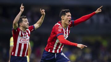   Jesus Orozco celebrates his goal 1-3 of Guadalajara  during the game America vs Guadalajara, corresponding to second leg match of Semifinals of the Torneo Clausura 2023 of the Liga BBVA MX, at Azteca Stadium, on May 21, 2023.

<br><br>

Jesus Orozco celebra su gol 1-3 de Guadalajara durante el partido America vs Guadalajara, Correspondiente al partido de Vuelta de Semifinales del Torneo Clausura 2023 de la Liga BBVA MX, en el Estadio Azteca, el 21 de Mayo de 2023.