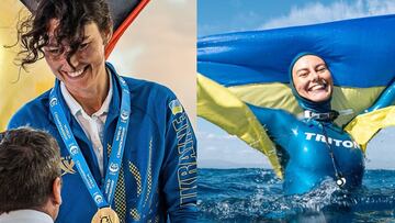 Kateryna Sadurska, apneísta, con la medalla de oro y con la bandera de Ucrania.