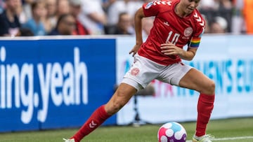 MILTON KEYNES, ENGLAND - JULY 12: Pernille Harder of Denmark looks on during the UEFA Women's Euro England 2022 group B match between Denmark and Finland at Stadium mk on July 12, 2022 in Milton Keynes, United Kingdom. (Photo by Andrew Kearns - CameraSport via Getty Images)