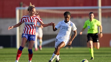 ALCALA DE HENARES, SPAIN - MARCH 12: Linda Caicedo of Real Madrid is challenged by Maitane Lopez of Atletico de Madrid during the Liga F match between Atletico de Madrid and Real Madrid at Wanda Sport Centre on March 12, 2023 in Alcala de Henares, Spain. (Photo by Angel Martinez/Getty Images)
