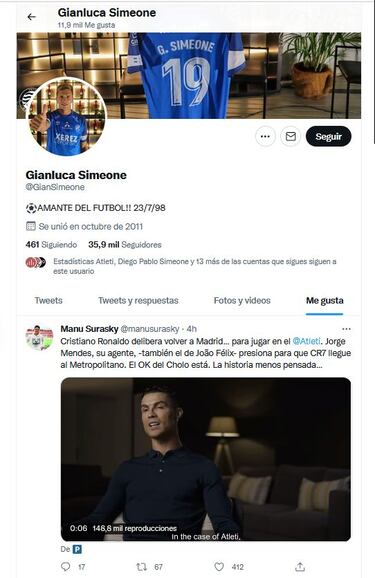 El hijo de Simeone se ¡®moja¡¯ por el fichaje de Cristiano