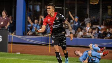 Jul 23, 2023; Queens, NY, USA; Atlas FC defender Luis Reyes (14) steals the ball from New York City FC midfielder Mat’as Pellegrini (17) during the second half at Citi Field. Mandatory Credit: Mark Smith-USA TODAY Sports