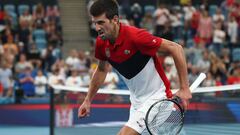 SYDNEY, AUSTRALIA - JANUARY 11: Novak Djokovic of Serbia celebrates match point during his semi-final singles match against Daniil Medvedev of Russia on day nine of the 2020 ATP Cup at Ken Rosewall Arena on January 11, 2020 in Sydney, Australia. (Photo by Cameron Spencer/Getty Images)