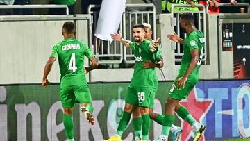 Ludogorets Razgrad's Brazilian midfielder Cauly Oliveira Souza (C) celebrates with team mates after scoring a goal during the UEFA Europa League Group C football match between Ludogorets Razgrad and AS Roma in Razgrad on September 8, 2022. (Photo by Nikolay DOYCHINOV / AFP)