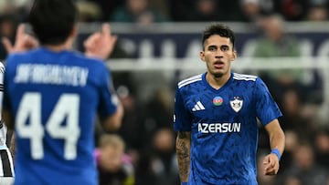 Qarabag's Colombian forward #17 Camilo Duran reacts after scoring their first goal during the UEFA Champion's League knockout round play-off, 2nd leg football match between Newcastle United and Qarabag at St James' Park in Newcastle-upon-Tyne, north east England on February 24, 2026. (Photo by Paul ELLIS / AFP)