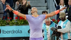 Rafa Nadal celebra su victoria contra Alex de Miñaur en Madrid.