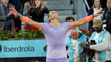 Rafa Nadal celebra su victoria contra Alex de Miñaur en Madrid.