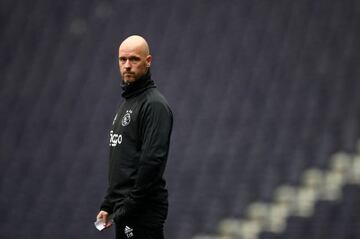 Erik ten Hag, Manager of Ajax looks on during a training session ahead of their UEFA Champions League Semi Final first leg match against Tottenham Hotspur at Tottenham Hotspur Stadium on April 29, 2019 in London