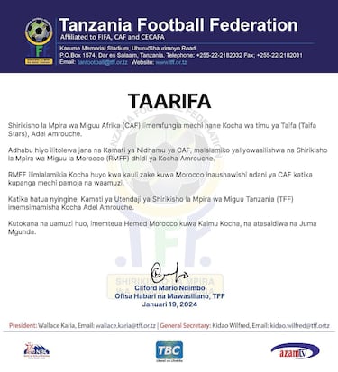 Tanzania fulmina a su entrenador en plena Copa de África