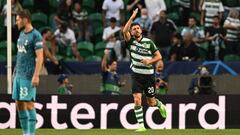 Sporting Lisbon's Portuguese forward Paulinho Dias Fernandes celebrates after scoring his team's first goal during the UEFA Champions League, group D, first leg football match between Sporting Lisbon and Tottenham Hotspur at the Jose Alvalade stadium in Lisbon on September 13, 2022. (Photo by PATRICIA DE MELO MOREIRA / AFP) (Photo by PATRICIA DE MELO MOREIRA/AFP via Getty Images)