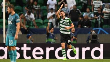 Sporting Lisbon's Portuguese forward Paulinho Dias Fernandes celebrates after scoring his team's first goal during the UEFA Champions League, group D, first leg football match between Sporting Lisbon and Tottenham Hotspur at the Jose Alvalade stadium in Lisbon on September 13, 2022. (Photo by PATRICIA DE MELO MOREIRA / AFP) (Photo by PATRICIA DE MELO MOREIRA/AFP via Getty Images)