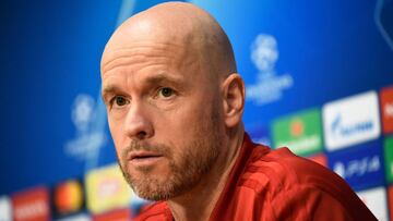 Ajax&#039;s Dutch coach Erik Ten Hag delivers a press conference on May 7, 2019, in Amsterdam, on the eve of the UEFA Champions League semi-final second leg football match between Ajax Amsterdam and Tottenham Hotspur. (Photo by JOHN THYS / AFP)