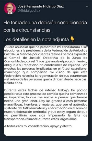 Comunicado de José Fernando Hidalgo en el que renuncia a presentarse a las elecciones a la Federación de Fútbol de Castilla La Mancha.