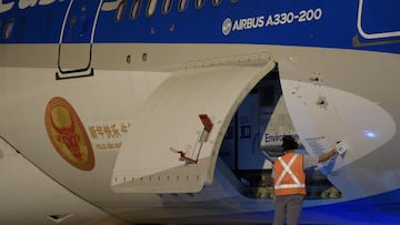 Shipping containers with 904,000 doses of the vaccine developed by Sinopharm of China against COVID-19, are unloaded from an Aerolineas Argentinas airplane at Ezeiza International Airport in Buenos Aires, on February 25, 2021. (Photo by Juan Mabromata / AFP)