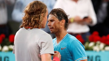 Tennis - ATP 1000 - Madrid Open - The Caja Magica, Madrid, Spain - May 11, 2019 Greece's Stefanos Tsitsipas and Spain's Rafael Nadal after their semi final match REUTERS/Susana Vera
