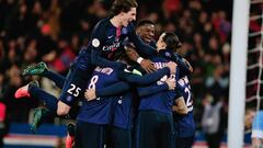 PSG&#039; s players celebrate a goal against Angers. 