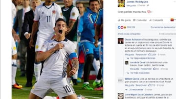 James celebró en su cuenta oficial de Facebook la victoria 2-1 frente a Paraguay por Copa América.