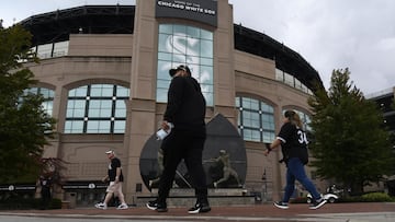 Oct 11, 2021; Chicago, Illinois, USA; Fans walk around outside before game four of the 2021 ALDS between the Chicago White Sox and Houston Astros at Guaranteed Rate Field. The game has been postponed to Tuesday due to inclement weather in the forecast. Ma