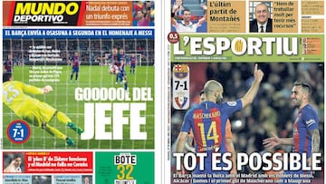 Portadas de los diarios Mundo Deportivo y L'Esportiu del día 27 de abril de 2017.