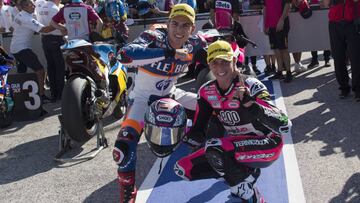 MISANO ADRIATICO, ITALY - SEPTEMBER 14: Fabio Di Giannantonio (R) of Italy and +Ego Speed Up and Augusto Fernandez of Spain and FlexiBox HP40 celebrate at the end of the qualifying practice during the MotoGp of San Marino - Qualifying at Misano World Circ