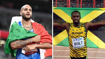Los campeones olímpicos de los 100 metros lisos Marcell Jacobs y Usain Bolt