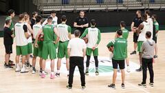 Ibon Navarro, entrenador del Unicaja, charla con sus jugadores.