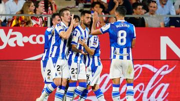 Brais Mendez of Real Sociedad celebrates with his teammates after scoring the 3-3 during the La Liga match between Girona FC and Real Sociedad played at Montilivi Stadium on October 02, 2022 in Girona, Spain. (Photo by Sergio Ruiz / Pressinphoto / Icon Sport)