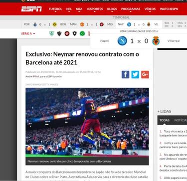 ESPN Brasil: Neymar extends Barcelona deal until 2021