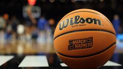 OMAHA, NEBRASKA - MARCH 20: A detail of a basketball with a March Madness logo during practice ahead of the NCAA Men's Basketball Tournament at CHI Health Center on March 20, 2024 in Omaha, Nebraska.   Jamie Squire/Getty Images/AFP (Photo by JAMIE SQUIRE / GETTY IMAGES NORTH AMERICA / Getty Images via AFP)