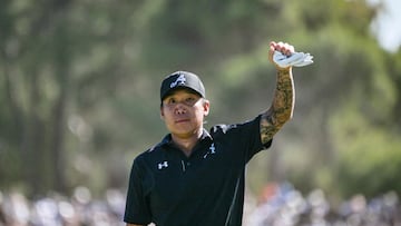 4Aces GC player Anthony Kim from the US celebrates winning the LIV Golf Adelaide tournament at The Grange Golf Club in Adelaide on February 15, 2026. (Photo by Brenton Edwards / AFP) / -- IMAGE RESTRICTED TO EDITORIAL USE - STRICTLY NO COMMERCIAL USE --