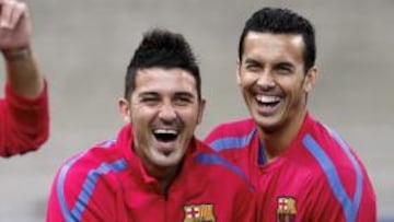 <b>AFINADOS. </b>Villa y Pedro, sonrientes en un entrenamiento. Ambos han cogido la racha goleadora.