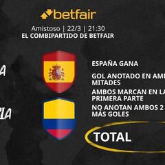España vs. Colombia: Combipartido de Betfair a cuota 11.0