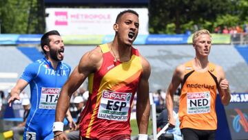 Orlando Ortega festeja su victoria en los 110 metros vallas del Europeo por países de Lille.