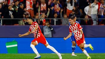 Soccer Football - Champions League - Girona v Slovan Bratislava - Estadi Montilivi, Girona, Spain - October 22, 2024 Girona's Juanpe celebrates scoring their second goal with Miguel Gutierrez REUTERS/Albert Gea