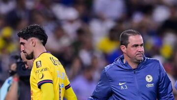 Diego Valdes and Andre Soares Jardine. head coach of America during the 16th round match between Monterrey and America as part of the Liga BBVA MX, Torneo Clausura 2025 at BBVA Bancomer Stadium, on April 16, 2025 in Monterrey, Nuevo Leon, Mexico.