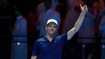 Tennis - Six Kings Slam - ANB Arena, Riyadh, Saudi Arabia - October 15, 2025 Italy's Jannik Sinner celebrates winning his quarter final match against Greece's Stefanos Tsitsipas REUTERS/Stringer