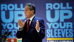 Governor Andrew Cuomo announcing that state-imposed covid-19 restrictions will be lifted on businesses 19 May accelerating the reopening of New York.