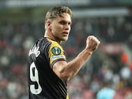 Samsun (Turkey), 12/03/2026.- Alemao of Rayo Vallecano celebrates after scoring the 1-0 lead during the UEFA Conference League Round of 16 1st leg match between Samsunspor and Rayo Vallecano, in Samsun, Turkey, 12 March 2026. (Turquía) EFE/EPA/ERDEM SAHIN