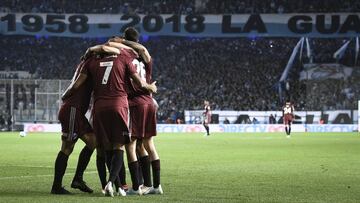 AVELLANEDA, ARGENTINA - AUGUST 17: Rafael Santos Borre of River Plate celebrates with teammates after scoring the second goal of his team during a match between Racing Club and River Plate as part of Superliga 2019/20 at Juan Domingo Peron Stadium on August 17, 2019 in Avellaneda, Argentina. (Photo by Marcelo Endelli/Getty Images)