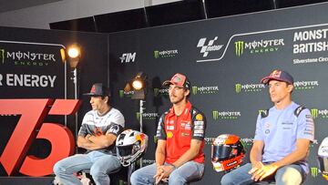 Martín, Pecco y Márquez en la rueda de prensa de Silverstone.