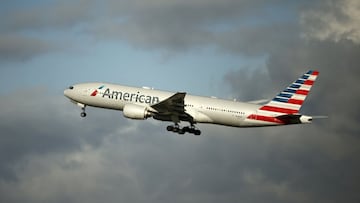 An American Airlines Boeing 777 plane takes off from Paris Charles de Gaulle airport in Roissy-en-France near Paris, France.