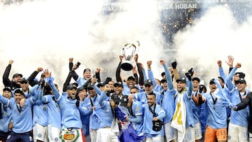 Dec 11, 2021; Portland, OR, USA; New York City FC celebrates beating the Portland Timbers in the 2021 MLS Cup championship game at Providence Park. Mandatory Credit: Troy Wayrynen-USA TODAY Sports