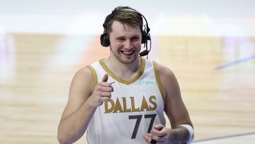 May 6, 2021; Dallas, Texas, USA;  Dallas Mavericks guard Luka Doncic (77) reacts during an interview after the game against the Brooklyn Nets at American Airlines Center. Mandatory Credit: Kevin Jairaj-USA TODAY Sports