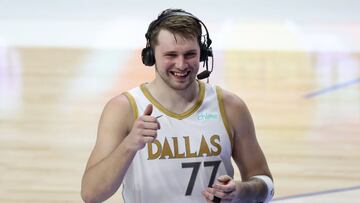 May 6, 2021; Dallas, Texas, USA; Dallas Mavericks guard Luka Doncic (77) reacts during an interview after the game against the Brooklyn Nets at American Airlines Center. Mandatory Credit: Kevin Jairaj-USA TODAY Sports