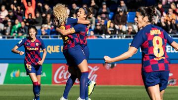 Alexia Putellas of Fc Barcelona and Kheira Hamraoui of Fc Barcelon celebrates a goal, during the Spanish women's league, Liga Iberdrola football match between FC Barcelona Women and Real Betis Women at Johan Cruyff Stadium on December 08, 2019 i