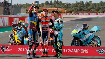 Álex Márquez, Marc Márquez y Lorenzo Dalla Porta, campeones respectivamente de Moto2, MotoGP y Moto3.