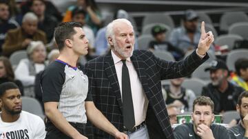 Dec 31, 2019; San Antonio, Texas, USA; San Antonio Spurs head coach Gregg Popovich talks with an official during the first quarter against the Golden State Warriors at AT&amp;T Center. Mandatory Credit: Troy Taormina-USA TODAY Sports