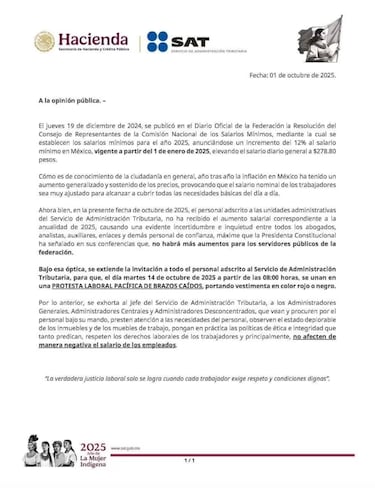 SAT se va a paro nacional, trabajadores convocan a marcha: cuándo y a qué hora