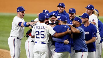 Oct 10, 2023; Arlington, Texas, USA; The Texas Rangers celebrate after defeating the Baltimore Orioles in game three of the ALDS for the 2023 MLB playoffs at Globe Life Field. Mandatory Credit: Andrew Dieb-USA TODAY Sports